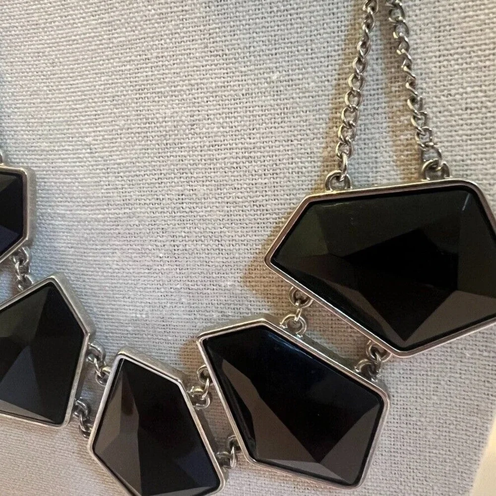 Chunky Black Geometric Statement Necklace Double Chain‎ Faceted Stones Edgy Glam